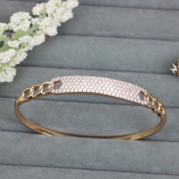 Rose Gold Chain Link Bangle with Sparkling Stone-Encrusted Plate, XPBL0556 - Picture 1 of 12
